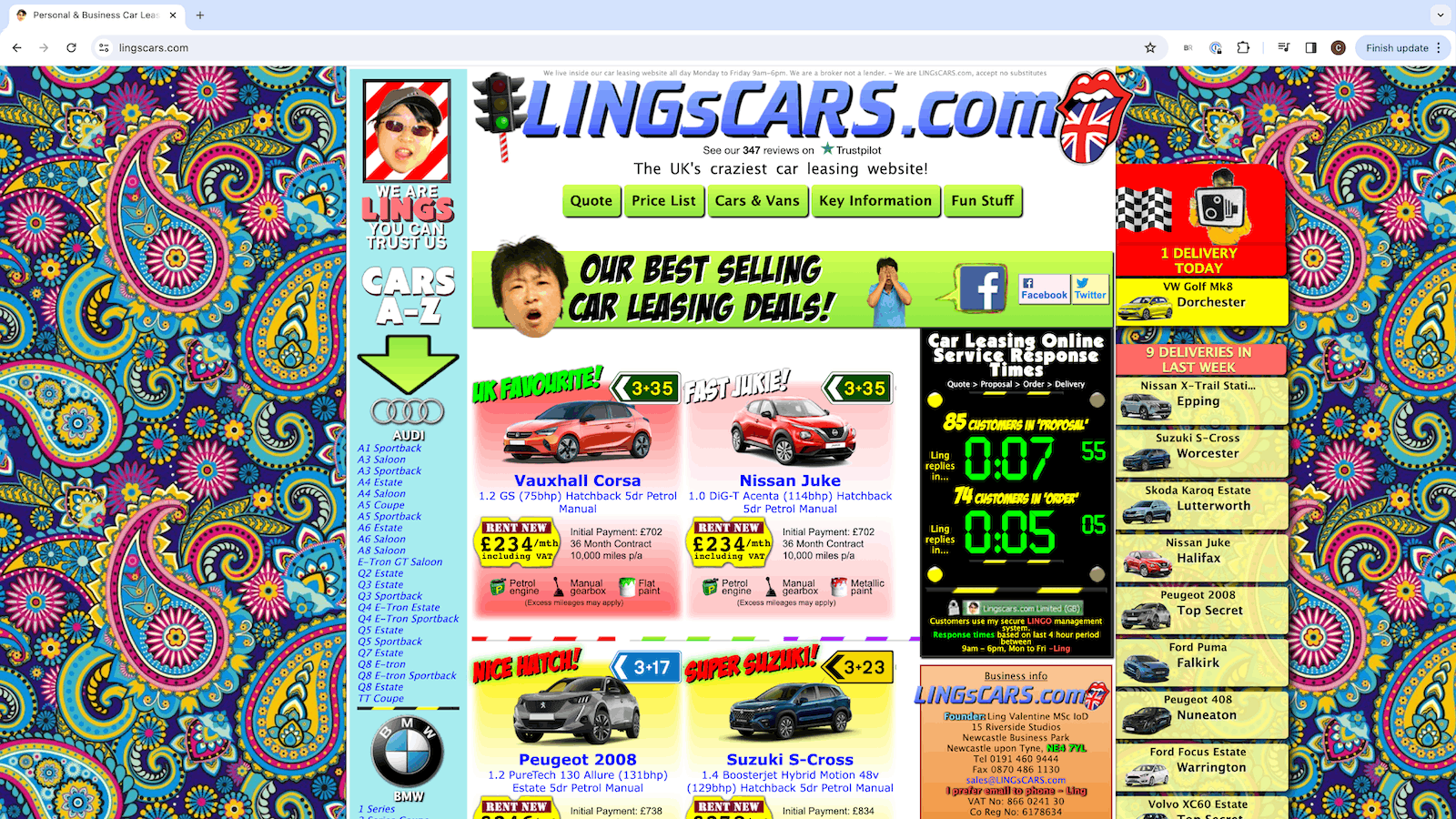 A screenshot of the homepage of lingscars.com showing cars for lease.