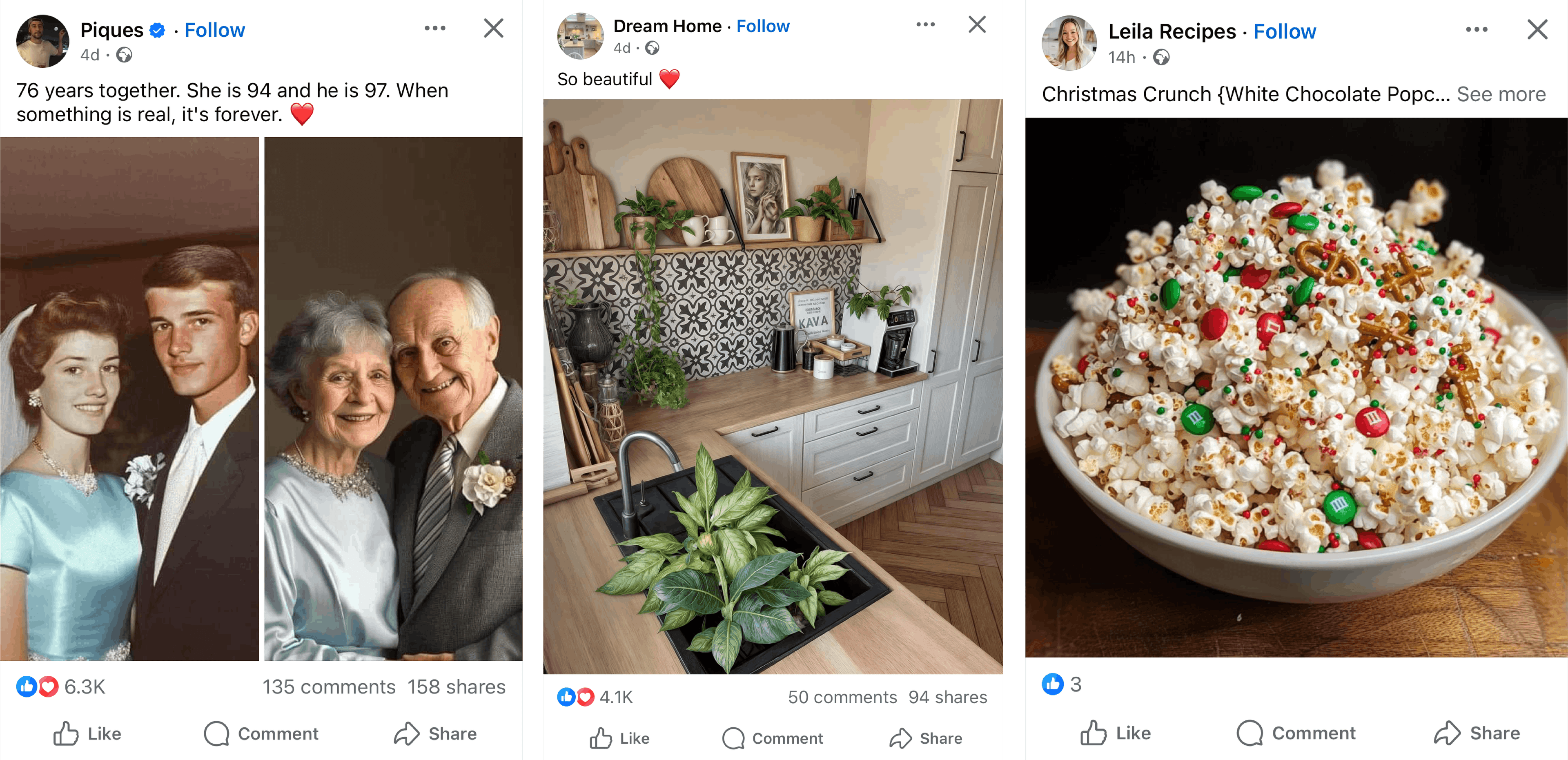 Three Facebook screenshots of posts containing AI pictures, aiming to pass as photographs