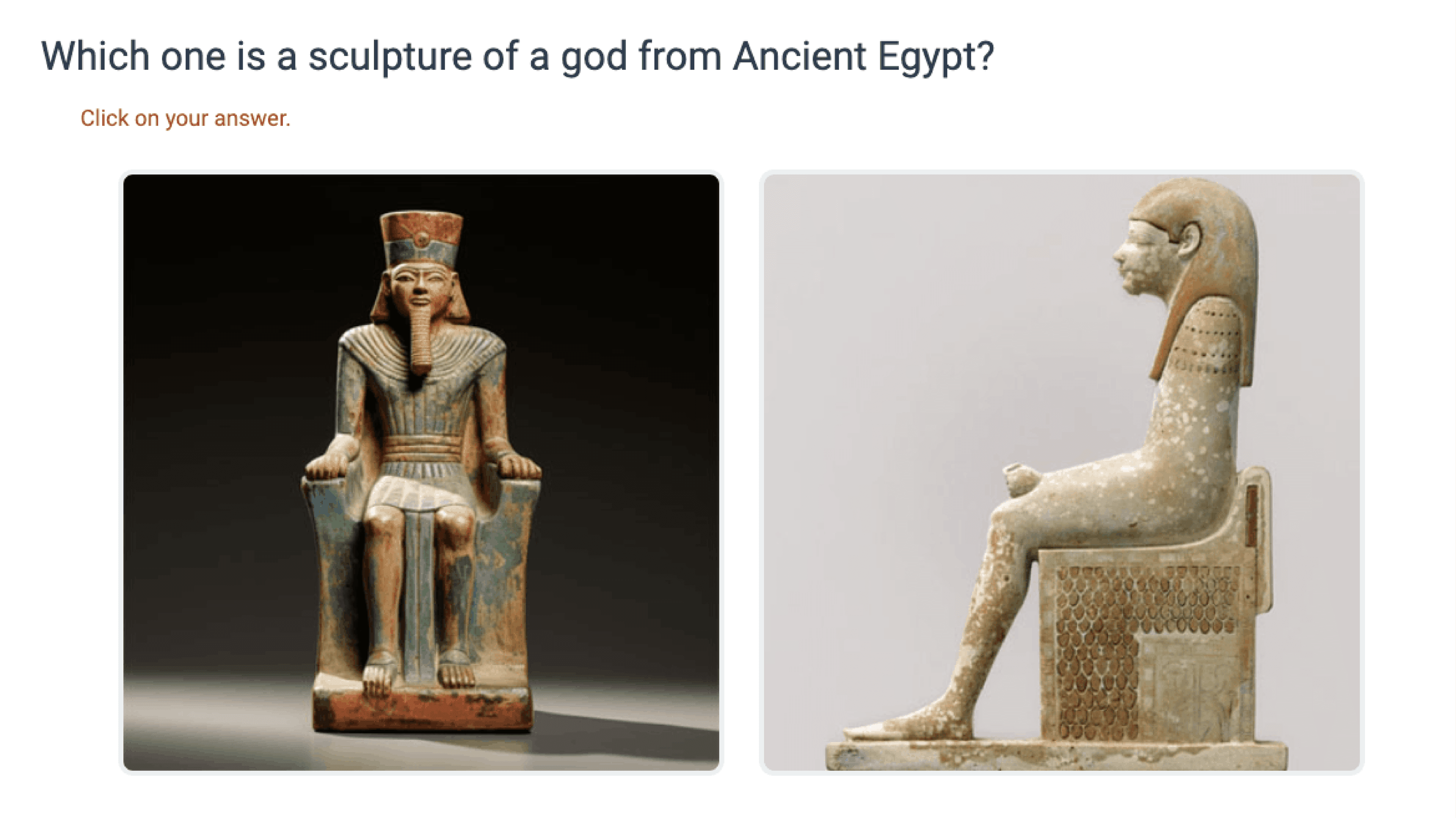 Screenshot of two side-by-side images of ancient Egyptian sculptures, one of which is AI-generated